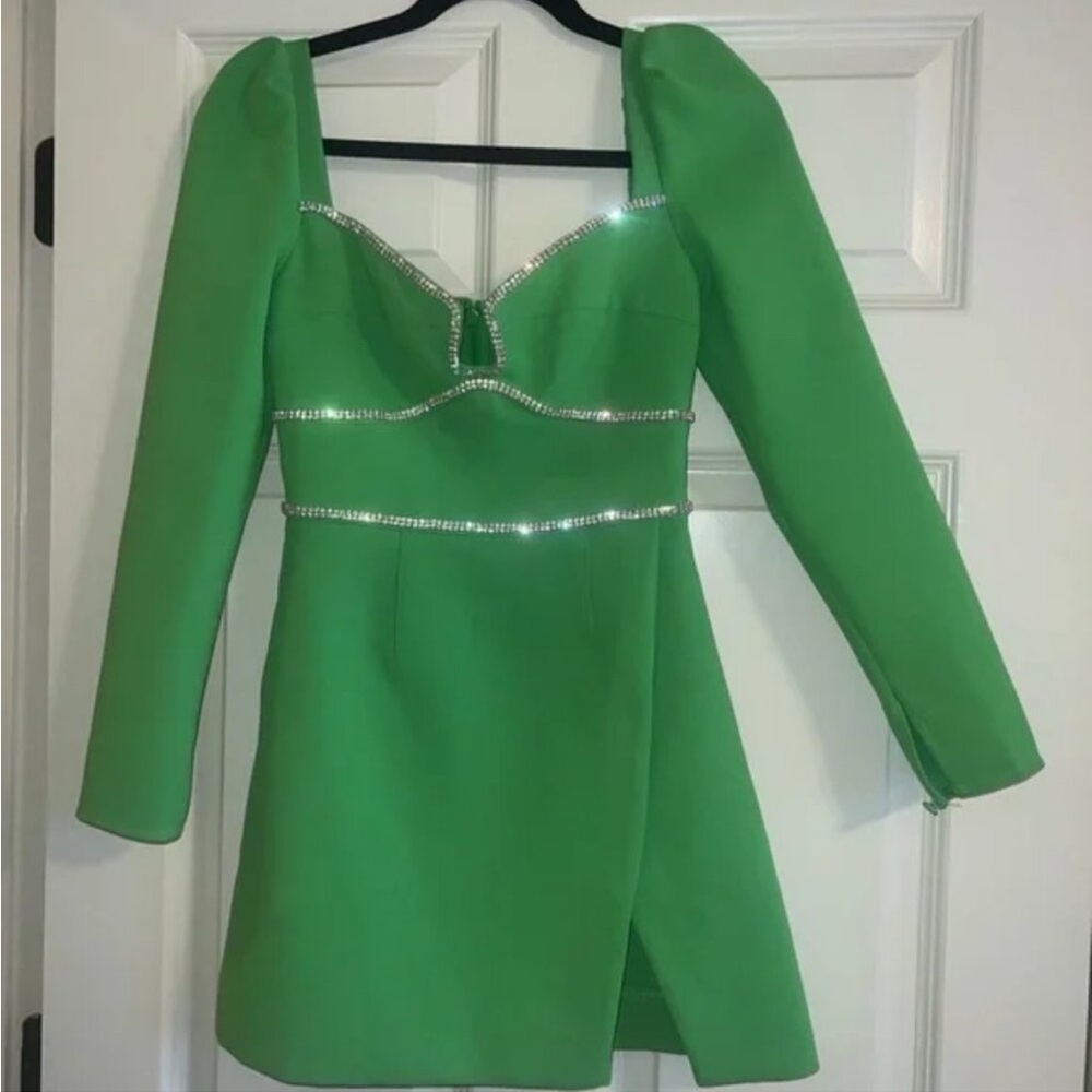 NWT SELF PORTRAIT V neck Green Mini Dress